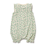 Baby romper with green floral pattern on a white background