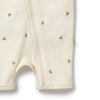 Beige ribbed baby romper with small decorative elements on a white background