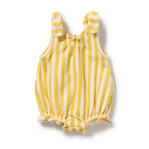 Yellow and white striped baby romper on a white background