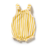 Yellow and white striped baby romper on a white background