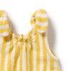 Yellow and white striped baby romper on a white background