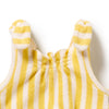 Yellow and white striped baby romper on a white background