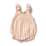 Pink and white striped baby romper on a white background