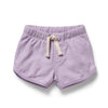 Purple shorts with a drawstring on a white background