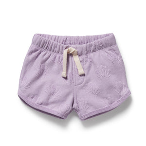 Purple shorts with a drawstring on a white background