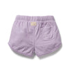 Lavender shorts with a textured surface on a white background