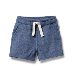 Blue shorts with a drawstring on a white background