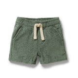 Green shorts with a drawstring on a white background