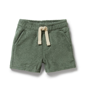Green shorts with a drawstring on a white background