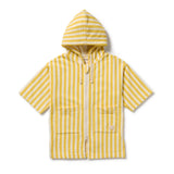 Yellow and white striped hooded jacket on a white background