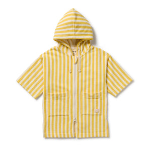 Yellow and white striped hooded jacket on a white background