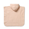 Baby poncho with hood in pink and white stripes on a white background
