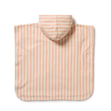 Baby poncho with hood in pink and white stripes on a white background