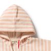 Pink and white striped hoodie with a brand label on a white background