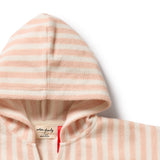 Pink and white striped hoodie with a brand label on a white background