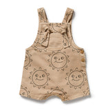 Beige baby romper with sun pattern on a white background