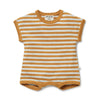 Striped baby romper with orange and white stripes on a white background