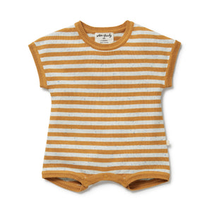 Striped baby romper with orange and white stripes on a white background