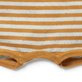 Close-up of a mustard yellow and white striped baby romper with a plain background