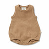 Brown knitted baby romper with a visible brand label on a white background