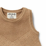 Brown knitted vest with brand label on a white background