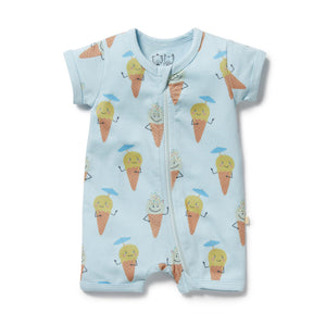 Baby romper with ice cream cone pattern on a white background