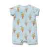 Baby romper with ice cream cone and face pattern on a light blue background