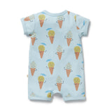 Baby romper with ice cream cone and face pattern on a light blue background