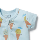 Baby onesie with ice cream cone design on a light blue background