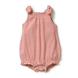 A sleeveless baby romper with thin red and white horizontal stripes, featuring ruffled shoulder straps and a ruffled snap crotch, laid flat on a white background.