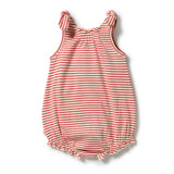 A baby romper with thin red horizontal stripes on a white background, featuring knotted shoulder straps and a gathered elastic bottom.