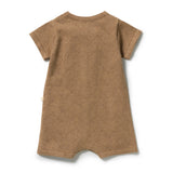 A short-sleeve romper in a warm camel brown color, featuring a textured open-knit chevron pattern, shown from the back on a white background.