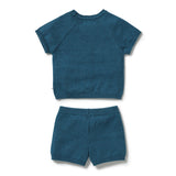 A two-piece baby knit set consisting of a short-sleeve top and matching shorts in a heathered teal blue color, displayed flat on a white background.