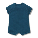 A dark teal short-sleeve baby romper shown from the back, featuring raglan-style sleeves and ribbed trim, laid flat on a white background.