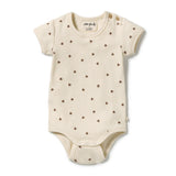 A cream-colored short-sleeve baby bodysuit with a small brown paw print pattern, laid flat on a white background. The brand 'Alva Family' is visible on the inner neck label.
