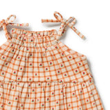 A close-up of a tiered baby dress featuring an orange and cream gingham pattern with small red rose prints, complete with tie shoulder straps, shown on a white background.
