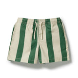 Green and cream striped drawstring shorts with side pockets, laid flat on a white background.