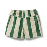 A pair of green and cream striped shorts with an elastic waistband, featuring a side pocket and a small leather brand patch on the back pocket.