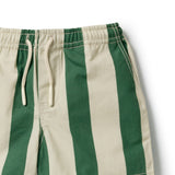 Close-up of striped shorts with vertical green and beige stripes, featuring an elastic waistband and cream-colored drawstrings.