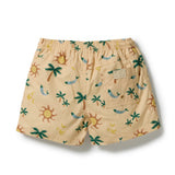 A pair of beige shorts with an all-over tropical print featuring palm trees, suns, and fish, shown from the back on a white background.