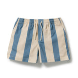Blue and beige vertically striped drawstring shorts with an elastic waistband, shown flat on a white background.