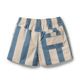 Blue and beige vertically striped drawstring shorts with an elastic waistband, shown flat on a white background.