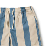 Blue and beige vertically striped drawstring shorts with an elastic waistband, shown flat on a white background.