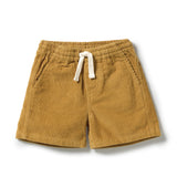 A pair of mustard yellow corduroy shorts with a white drawstring, displayed flat against a clean white background.