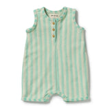 A mint green and cream vertically striped sleeveless baby romper with three brown buttons on the chest, shown flat on a white background.