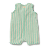 A sleeveless baby romper with vertical mint green and cream stripes, shown from the back on a white background.