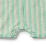Close-up of a striped baby romper or bodysuit in mint green and cream, showing the textured fabric and snap closures at the crotch.