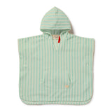 A mint green and white vertically striped hooded poncho with a front pouch pocket, laid flat on a white background.