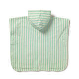 A mint green and white vertically striped baby poncho with a hood, shown flat against a white background.
