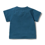 A short-sleeve raglan baby t-shirt in a solid teal blue color, shown from the back on a clean white background.
